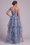 Vestido de Madre de la novia de un hombro azul polvoriento con volantes