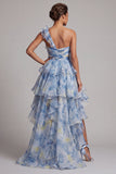 Vestido de Madre de la novia de un hombro azul polvoriento con volantes