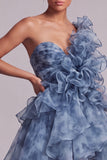 Vestido de Madre de la novia de un hombro azul polvoriento con volantes