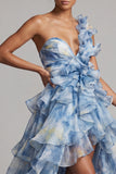 Vestido de Madre de la novia de un hombro azul polvoriento con volantes