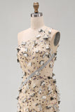 Vestido Maxi alto bajo de sirena de un solo hombro de albaricoque con aplicaciones 3D