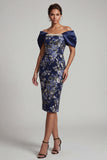 Vestido midi de Madre de la Novia con Body Cey Floral Off-the Hombro Azul Marino con Cuentas