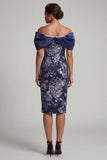 Vestido midi de Madre de la Novia con Body Cey Floral Off-the Hombro Azul Marino con Cuentas