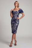 Vestido midi de Madre de la Novia con Body Cey Floral Off-the Hombro Azul Marino con Cuentas