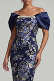 Vestido midi de Madre de la Novia con Body Cey Floral Off-the Hombro Azul Marino con Cuentas