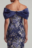Vestido midi de Madre de la Novia con Body Cey Floral Off-the Hombro Azul Marino con Cuentas