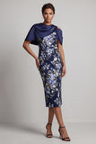 Vestido de Madre de la Novia Midi Bodycon Floral Azul Marino con capa