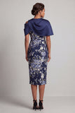 Vestido de Madre de la Novia Midi Bodycon Floral Azul Marino con capa