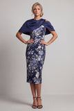 Vestido de Madre de la Novia Midi Bodycon Floral Azul Marino con capa