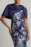 Vestido de Madre de la Novia Midi Bodycon Floral Azul Marino con capa