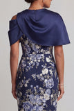 Vestido de Madre de la Novia Midi Bodycon Floral Azul Marino con capa