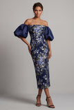 Vestido midi Mother Of the Bride Bodycon Azul Marino Azul Marino con mangas abullonadas