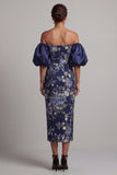 Vestido midi Mother Of the Bride Bodycon Azul Marino Azul Marino con mangas abullonadas