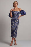 Vestido midi Mother Of the Bride Bodycon Azul Marino Azul Marino con mangas abullonadas