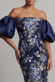 Vestido midi Mother Of the Bride Bodycon Azul Marino Azul Marino con mangas abullonadas