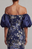 Vestido midi Mother Of the Bride Bodycon Azul Marino Azul Marino con mangas abullonadas