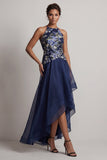Vestido de madre de la novia A-Line Azul marino con cuello alto y bajo con escote floral