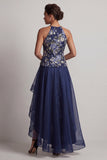 Vestido de madre de la novia A-Line Azul marino con cuello alto y bajo con escote floral