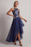 Vestido de madre de la novia A-Line Azul marino con cuello alto y bajo con escote floral