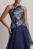 Vestido de madre de la novia A-Line Azul marino con cuello alto y bajo con escote floral
