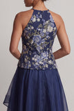 Vestido de madre de la novia A-Line Azul marino con cuello alto y bajo con escote floral