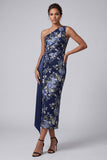 Vestido midi de Madre de la Novia con Bodycon Floral Azul Marino de un Hombro y faja
