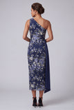 Vestido midi de Madre de la Novia con Bodycon Floral Azul Marino de un Hombro y faja