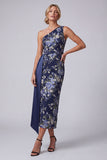 Vestido midi de Madre de la Novia con Bodycon Floral Azul Marino de un Hombro y faja
