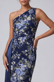 Vestido midi de Madre de la Novia con Bodycon Floral Azul Marino de un Hombro y faja
