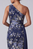 Vestido midi de Madre de la Novia con Bodycon Floral Azul Marino de un Hombro y faja