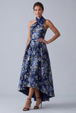 Vestido de madre de la novia A-Line azul marino floral con escote halter, Jacquard alto y bajo