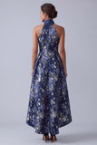 Vestido de madre de la novia A-Line azul marino floral con escote halter, Jacquard alto y bajo