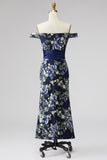 Vestido de madre de la novia sirena azul marino floral azul marino con hombros y abertura