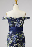 Vestido de madre de la novia sirena azul marino floral azul marino con hombros y abertura