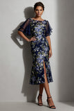 Vestido de madre de la novia con cuello midi de mariposa floral azul marino Jacquard Bateau