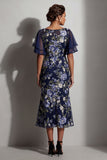 Vestido de madre de la novia con cuello midi de mariposa floral azul marino Jacquard Bateau