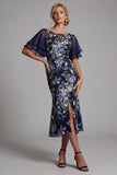 Vestido de madre de la novia con cuello midi de mariposa floral azul marino Jacquard Bateau