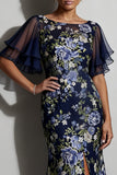 Vestido de madre de la novia con cuello midi de mariposa floral azul marino Jacquard Bateau