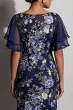 Vestido de madre de la novia con cuello midi de mariposa floral azul marino Jacquard Bateau