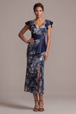 Vestido de madre de la novia con Madre de la novia con flores azul marino azul marino y cuello en V