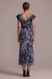 Vestido de madre de la novia con Madre de la novia con flores azul marino azul marino y cuello en V