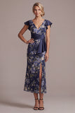 Vestido de madre de la novia con Madre de la novia con flores azul marino azul marino y cuello en V