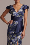 Vestido de madre de la novia con Madre de la novia con flores azul marino azul marino y cuello en V