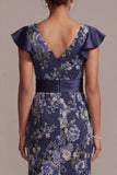 Vestido de madre de la novia con Madre de la novia con flores azul marino azul marino y cuello en V