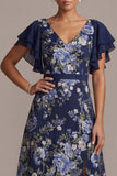 Vestido midi de madre de la novia con corte en V y flor azul marino en línea A