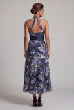 Vestido midi midi floral azul marino de cuello en A con escote en forma de A