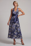 Vestido midi midi floral azul marino de cuello en A con escote en forma de A