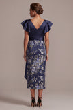 Vestido de madre de la novia con escote en V y escote en V con volantes y bodycon cuerno azul marino y abertura