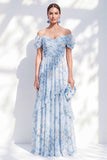 Vestido largo de chiffon azul A-line con flor de chiffon largo de madre de la novia