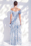 Vestido largo de chiffon azul A-line con flor de chiffon largo de madre de la novia
